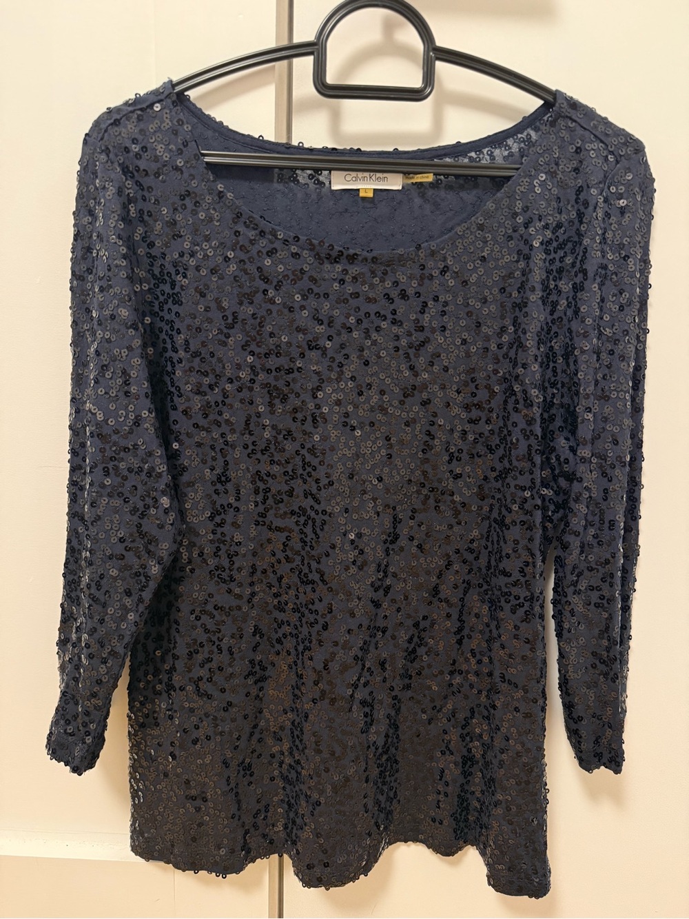 Vintage Calvin Klein Navy Sequin Scoop Neck Long Sleeve Top